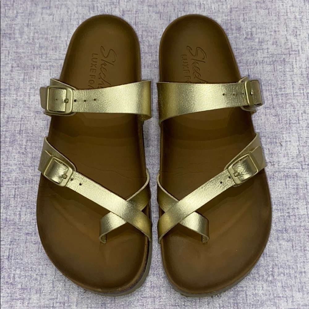 Sketchers Gold Luxefoam Slip On Sandals Sz 7